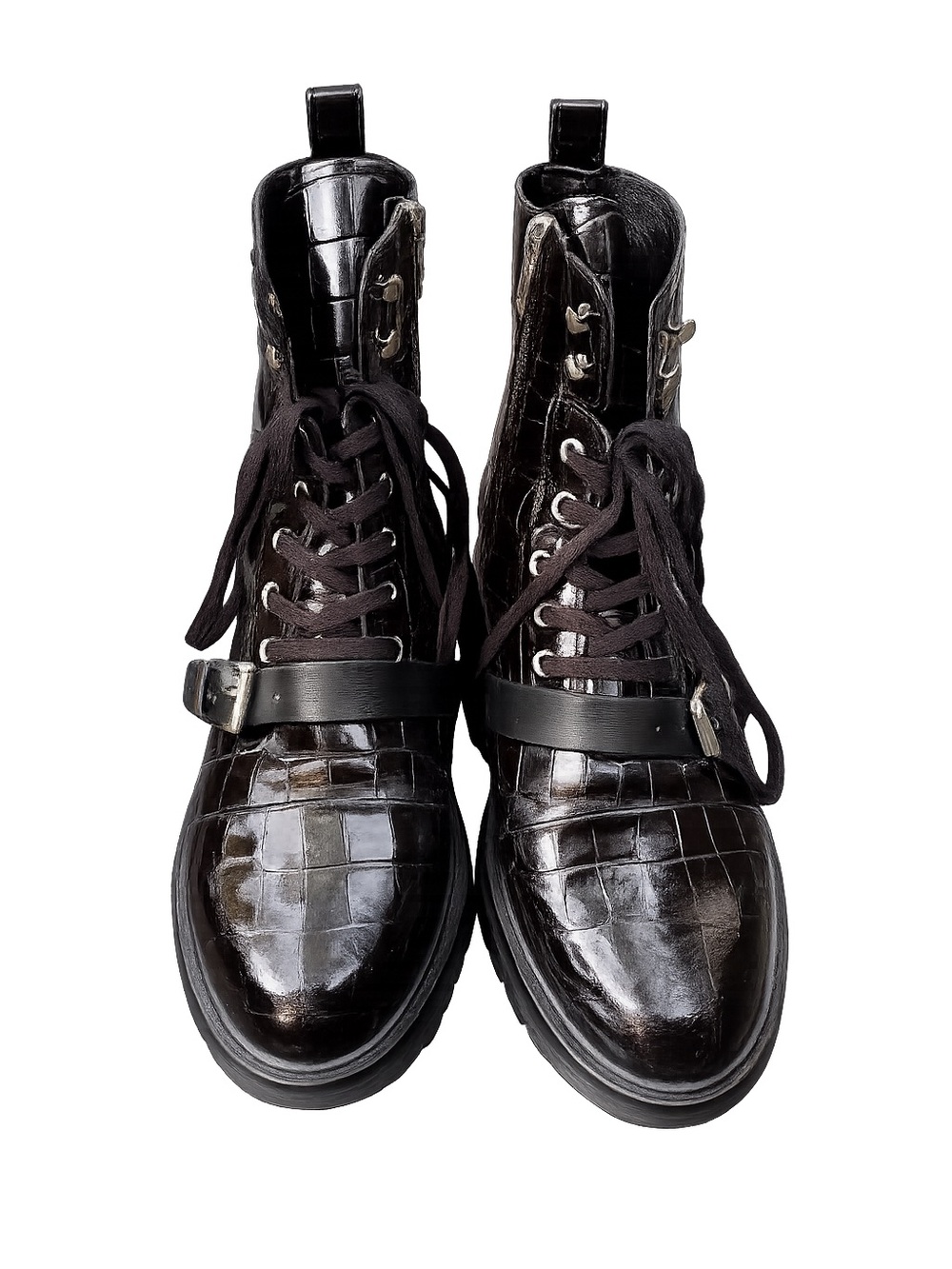 AllSaints Donita Black Crocodile Embossed Leather Combat Boots Size 10 EU 41 - Picture 2 of 12